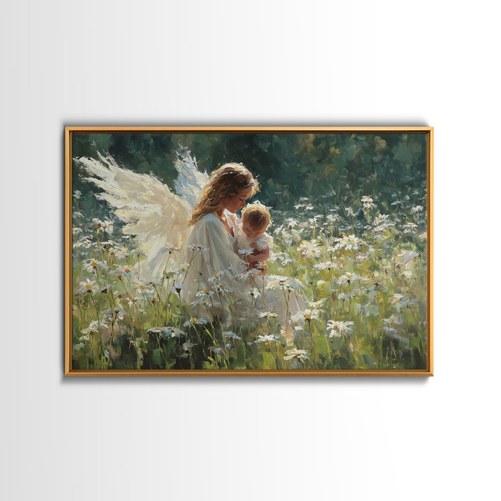 Guardian Angel Cradling Baby In Daisy Meadow Framed Canvas Print, Christian Nursery Wall Decor, Baptism Gift, Home Decor