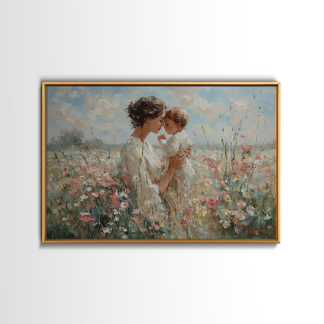 Tender Mother And Baby In Wildflower Field Framed Canvas Print, Feminine Wall Art, Nursery Decor, Christian Gift, Home Decor