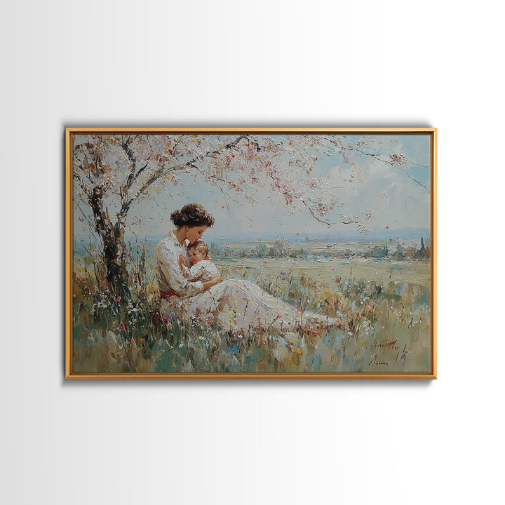 Mother Holding Baby Beneath White Blossom Tree Framed Canvas Print, Spring Wall Art, Christian Nursery Decor, Gift For Mom