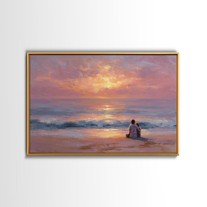 Parent And Child Watching Ocean Sunset Wall Art, Coastal Beach Canvas Print, Seascape Living Room Decor, Housewarming Gift