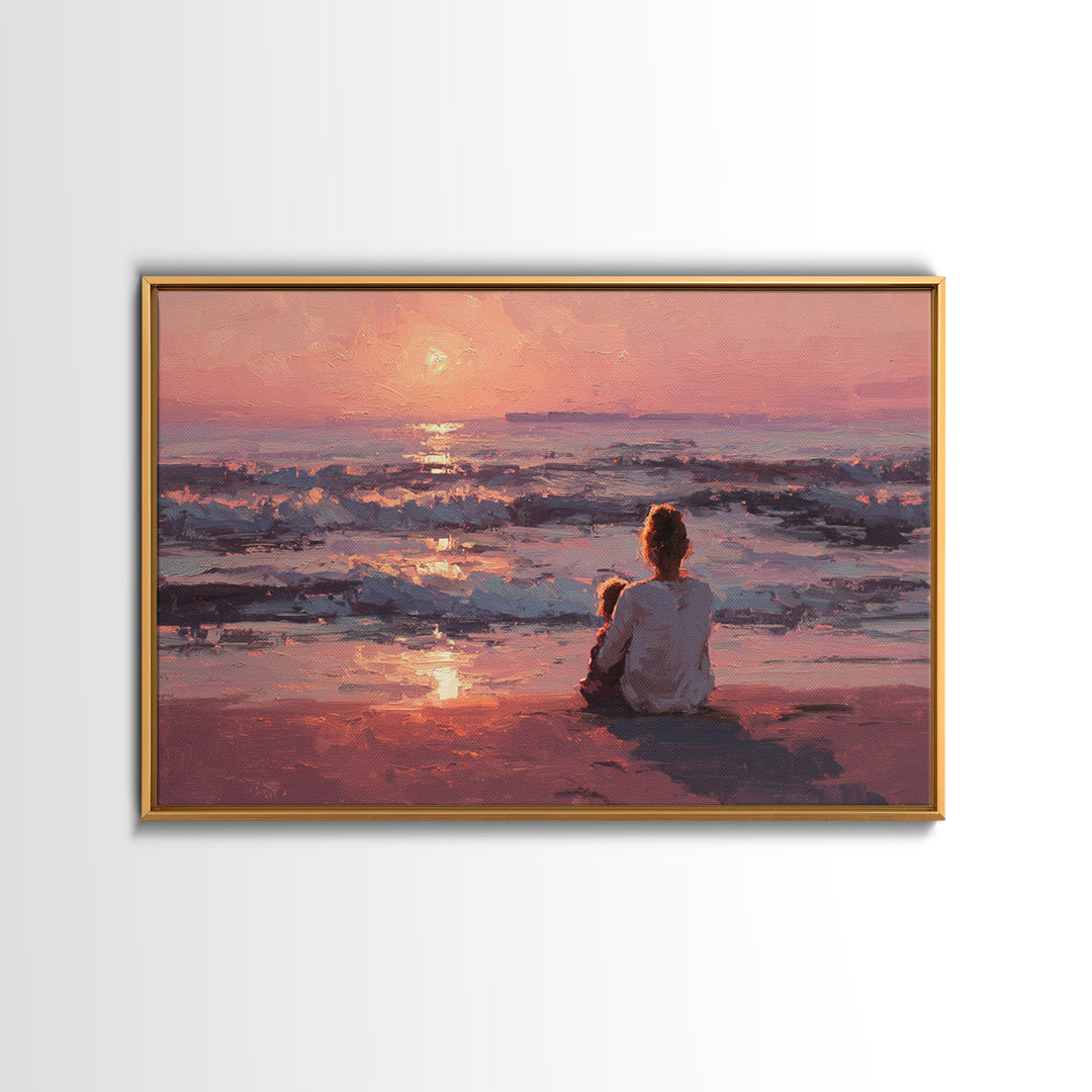 Mother And Child At Pink Ocean Sunset Wall Art, Coastal Beach House Decor, Serene Seascape Print, Gift For Mom, Living Room Decor