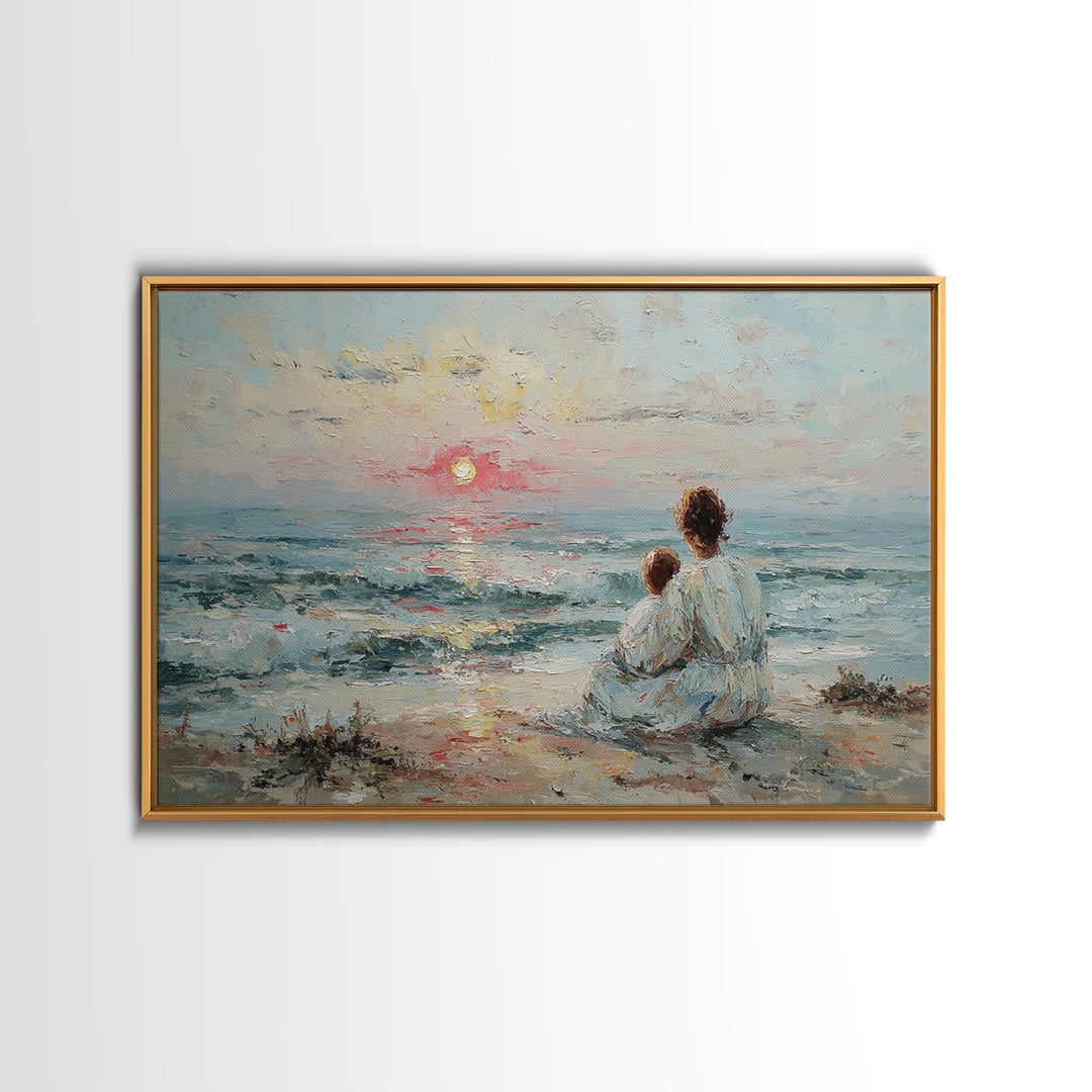 Mother And Child Watching Soft Seaside Sunset Canvas Print, Coastal Wall Art, Ocean Decor, Gift For Mom, Living Room Art