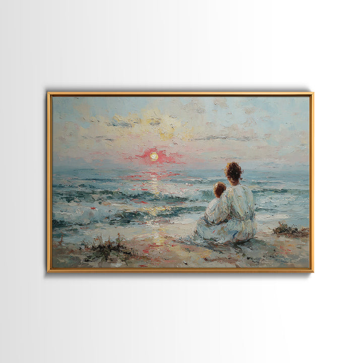 Mother And Child Watching Soft Seaside Sunset Canvas Print, Coastal Wall Art, Ocean Decor, Gift For Mom, Living Room Art