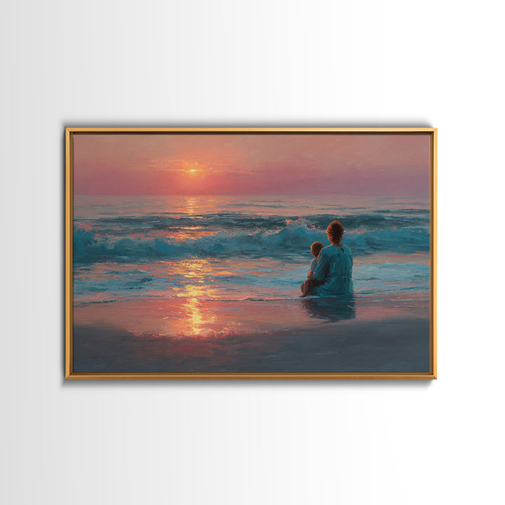 Mother And Child In Rose Gold Ocean Waves Wall Art, Coastal Canvas Print, Beach House Decor, Seascape, Gift For Mom, Living Room Decor