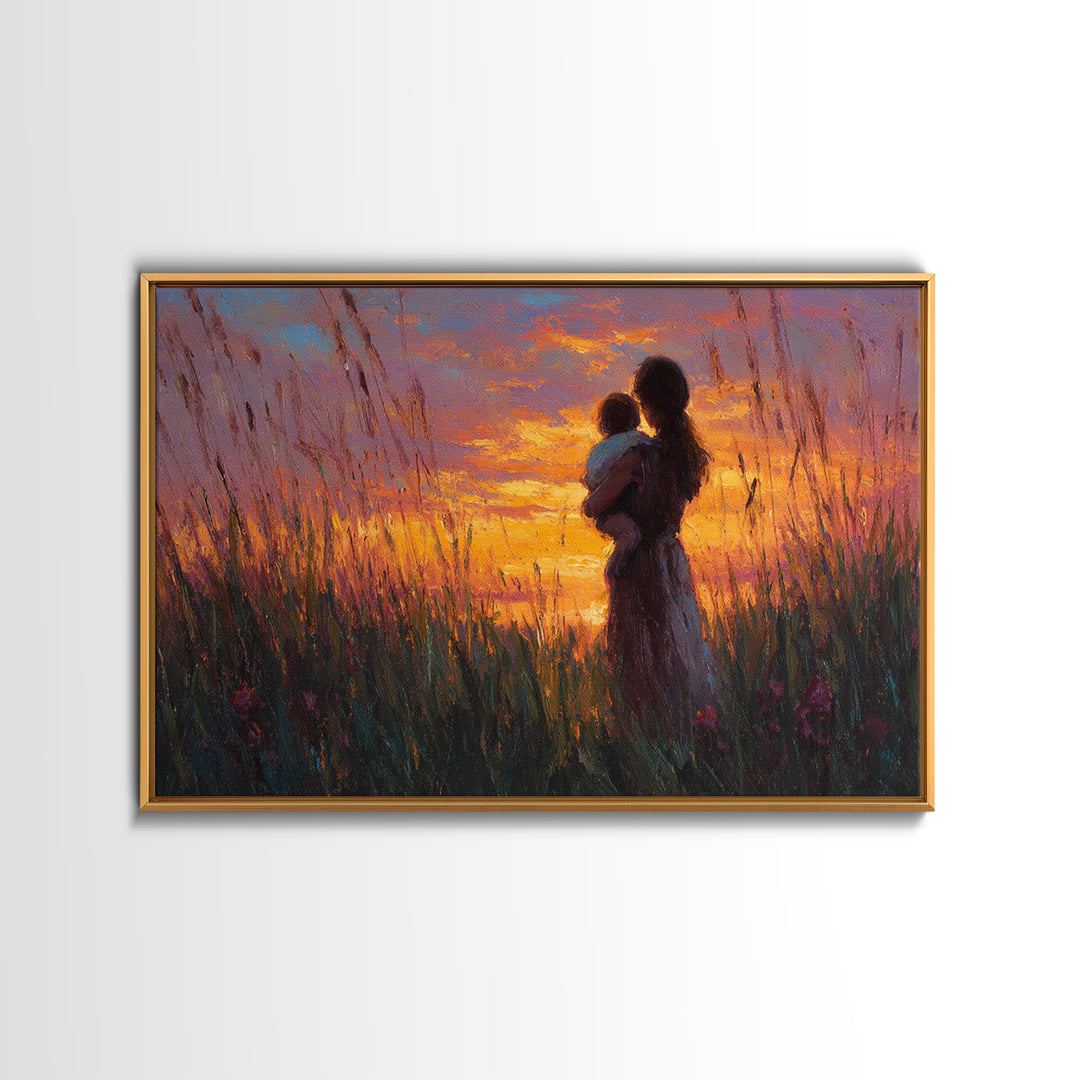 Mother And Baby Silhouette In Tall Grass Sunset Wall Art, Warm Meadow Canvas Print, Boho Nursery Decor, Gift For Mom, Bedroom Wall Art