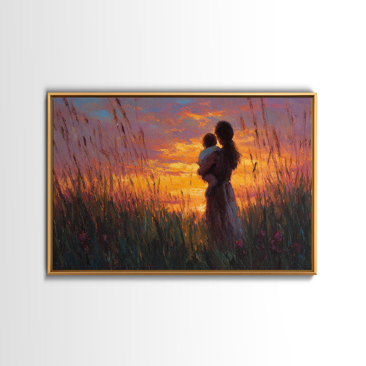 Mother And Baby Silhouette In Tall Grass Sunset Wall Art, Warm Meadow Canvas Print, Boho Nursery Decor, Gift For Mom, Bedroom Wall Art