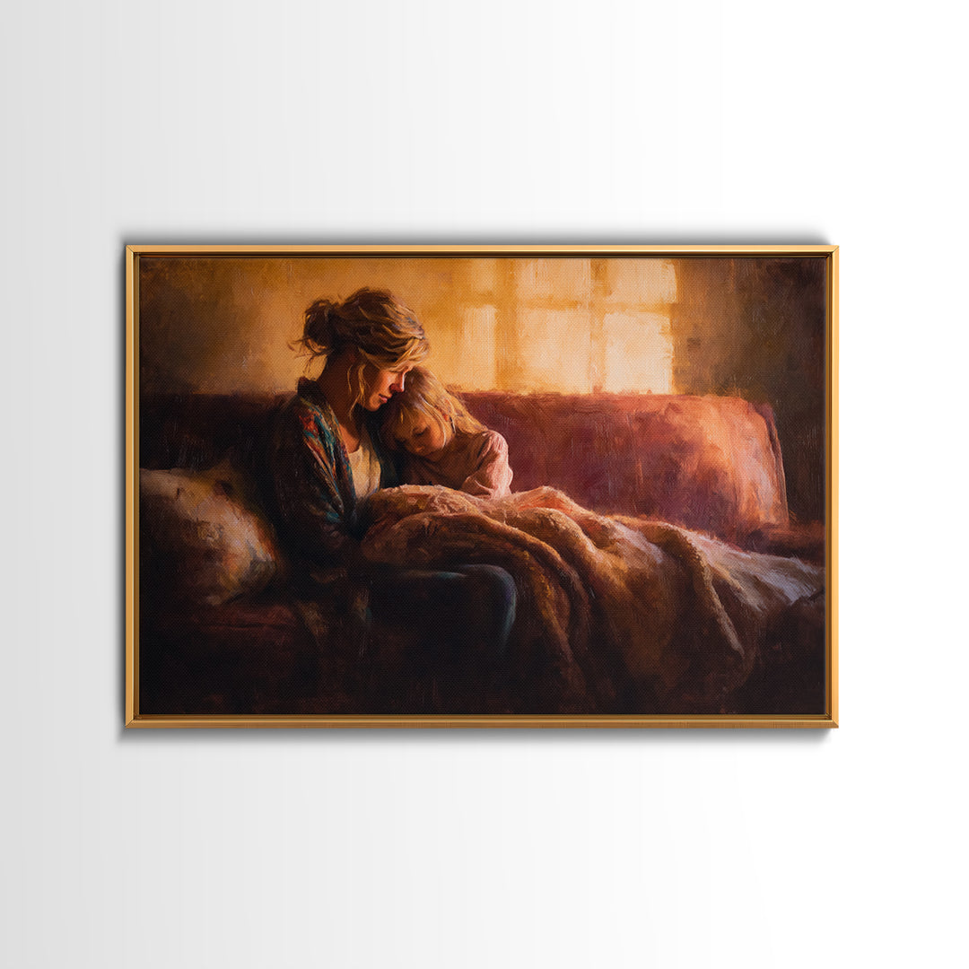 Mother And Child Cuddling On Warm Sofa Canvas Print, Cozy Bedroom Wall Art, Family Home Decor, Gift For Mom, Nursery Art