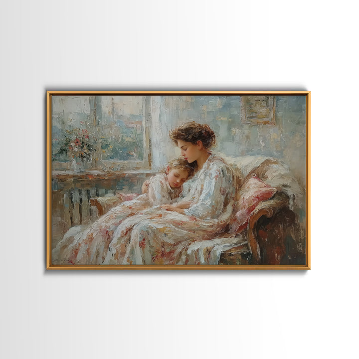 Mother And Child Resting By Window Wall Art, Impressionist Family Portrait, Cozy Bedroom Decor, Gift For Mom, Nursery Art