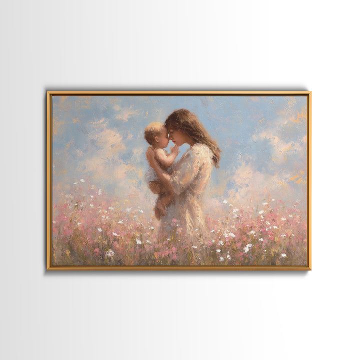 Mother Holding Baby In Wildflower Meadow Wall Art, Soft Impressionist Floral Print, Nursery Decor, Gift For Mom, Baby Gift