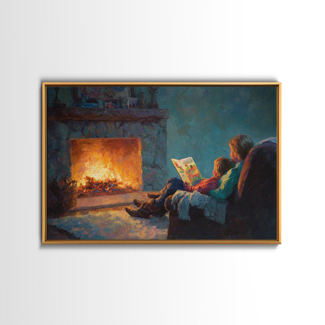 Mother And Child Storytime By Fireplace Framed Canvas Print, Cozy Living Room Wall Art, Family Reading Decor, Gift For Mom
