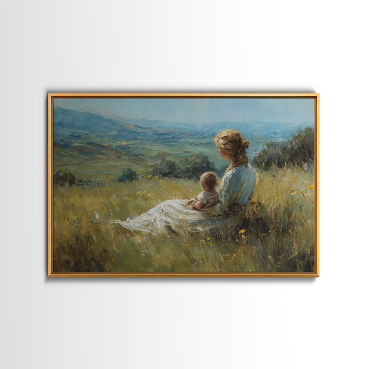 Mother And Baby In Wildflower Meadow Wall Art, Impressionist Landscape Painting, Feminine Nursery Decor, Gift For Mom, Living Room Decor
