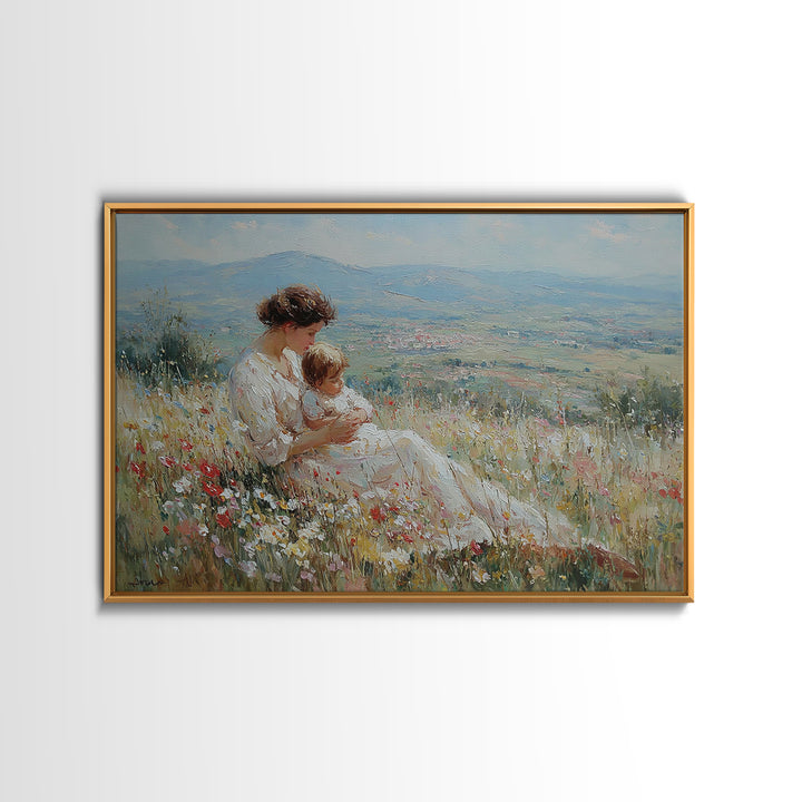 Seated Mother Nursing Baby In Flower Field Framed Canvas Print, Impressionist Landscape Art, Feminine Bedroom Decor, Gift For Her