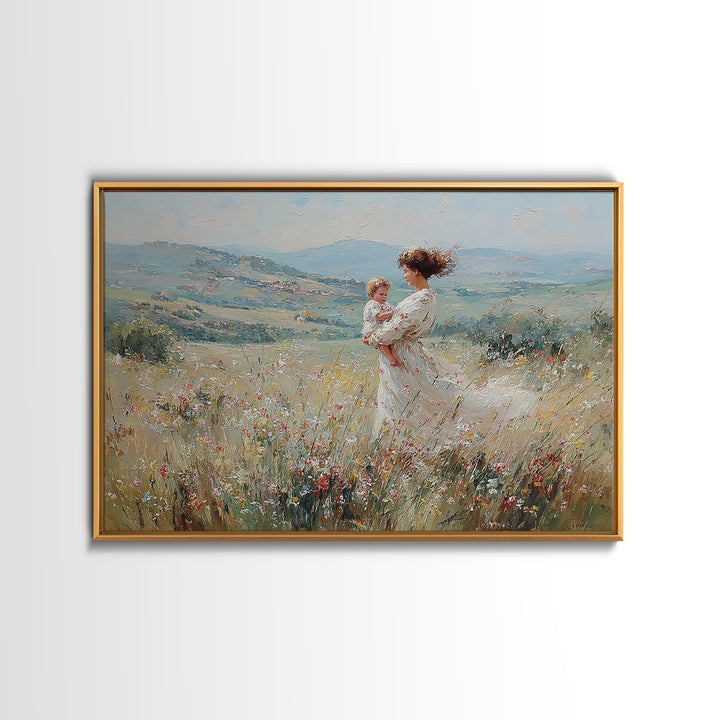 Standing Mother With Baby In Wildflower Valley Canvas Print, Impressionist Floral Landscape, Nursery Decor, Gift For Mom