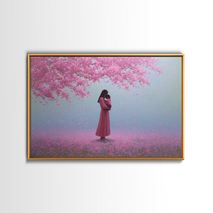 Mother And Child Under Pink Blossoms Wall Art, Cherry Blossom Painting, Feminine Nursery Decor, Romantic Gift For Her, Pink Wall Art
