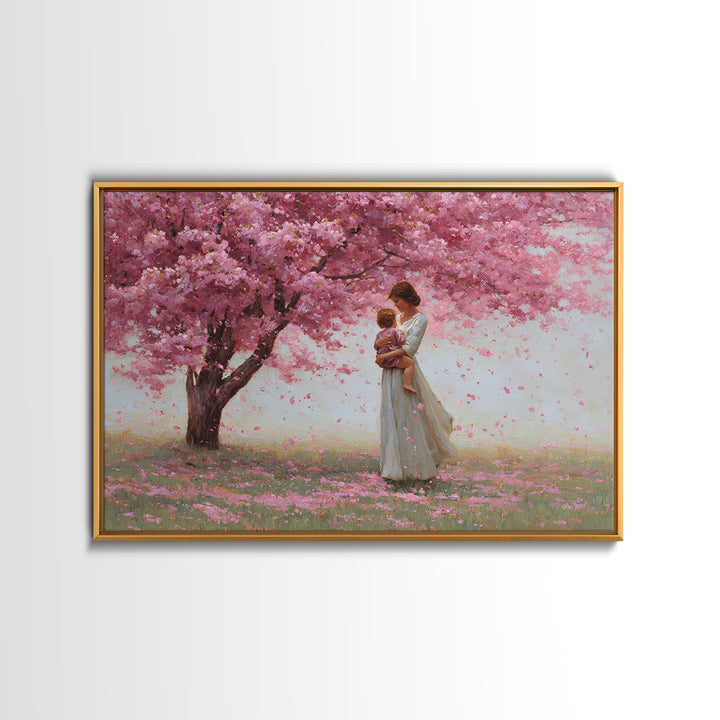 Mother And Child Under Cherry Blossom Tree Framed Canvas Print, Pink Floral Landscape, Romantic Nursery Decor, Gift For Her