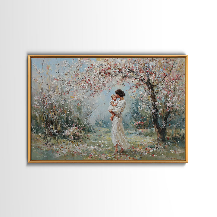 Mother Holding Baby In Blooming Garden Canvas Print, Impressionist Floral Wall Art, Nursery Decor, Housewarming Gift, Home Decor