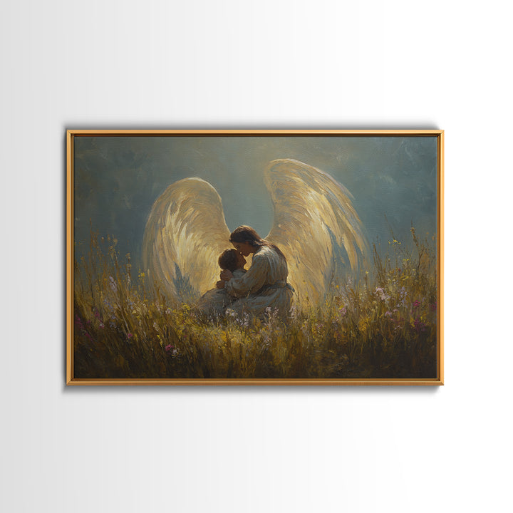 Golden Winged Angel And Child Meadow Framed Canvas Print, Spiritual Wall Art, Christian Nursery Decor, Gift For Her, Living Room Decor