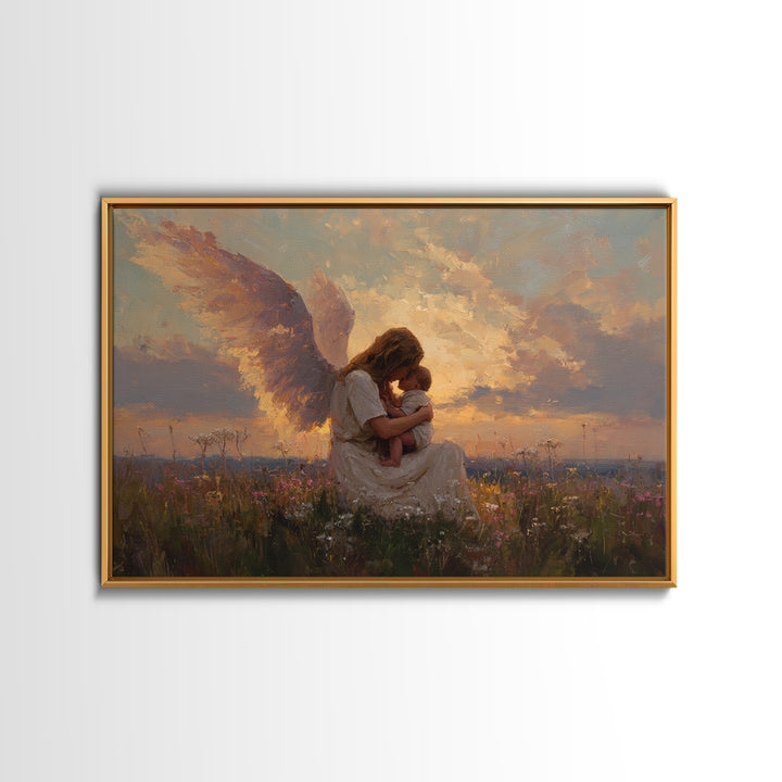 Sunset Angel Mother Cradling Baby Canvas Print, Guardian Angel Wall Art, Spiritual Nursery Decor, Christian Gift For Her