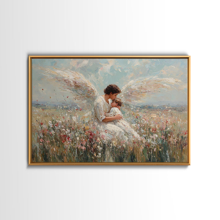 Guardian Angel Holding Baby In Wildflower Field Framed Canvas Print, Christian Wall Art, Nursery Decor, Spiritual Gift Idea