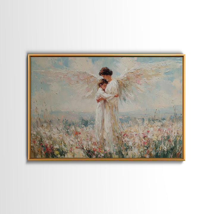 Angel Embracing Child In White Wildflowers Wall Art, Christian Canvas Print, Spiritual Nursery Decor, Gift For Mom, Home Decor