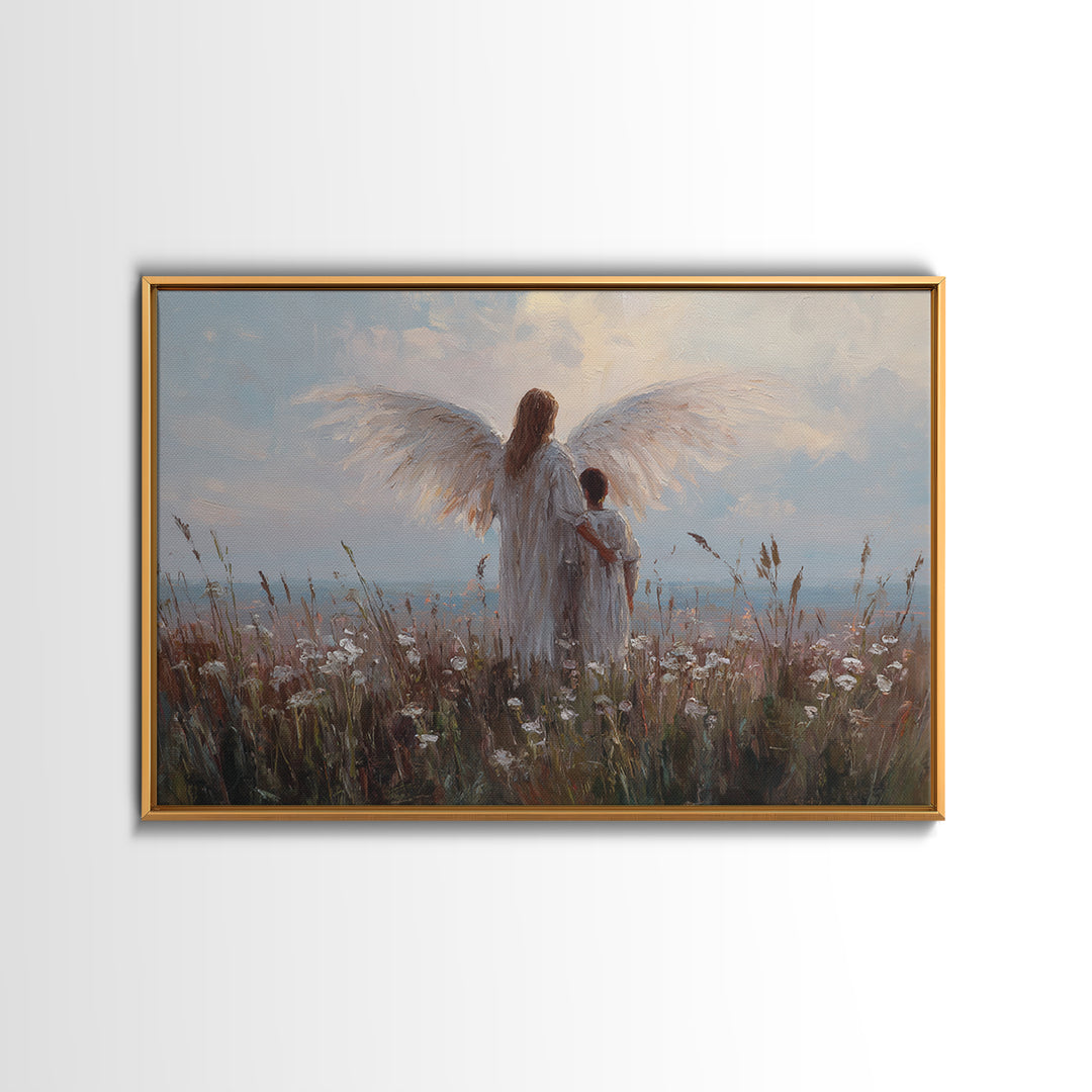 Angel And Child Facing Soft Horizon Canvas Print, Peaceful Meadow Wall Art, Christian Home Decor, Nursery Decor, Living Room Decor