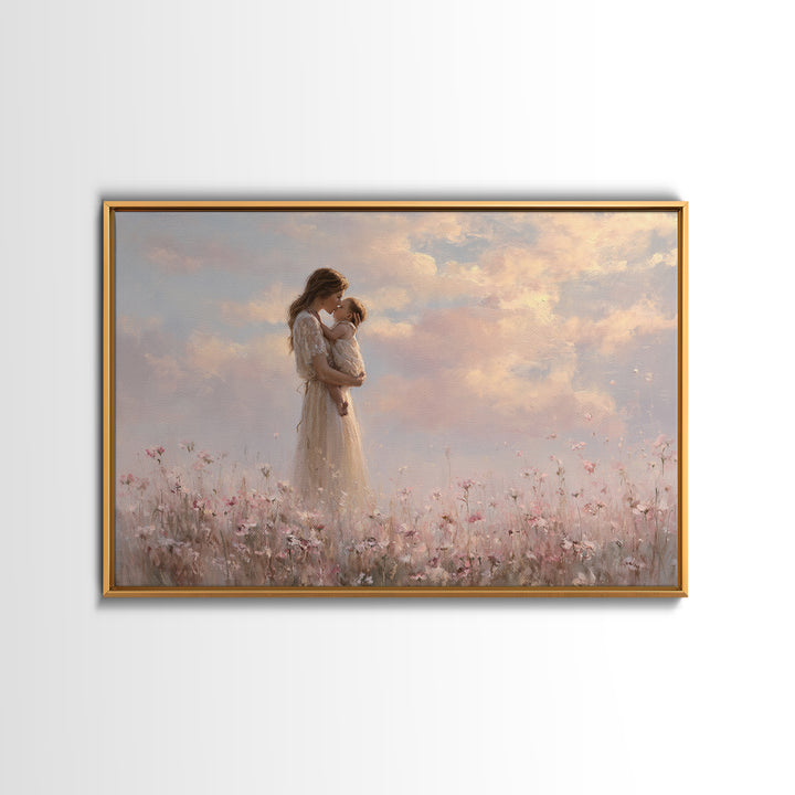 Mother Kissing Baby In Pastel Flower Meadow Wall Art, Soft Feminine Canvas Print, Nursery Decor, Gift For Mom, Bedroom Decor