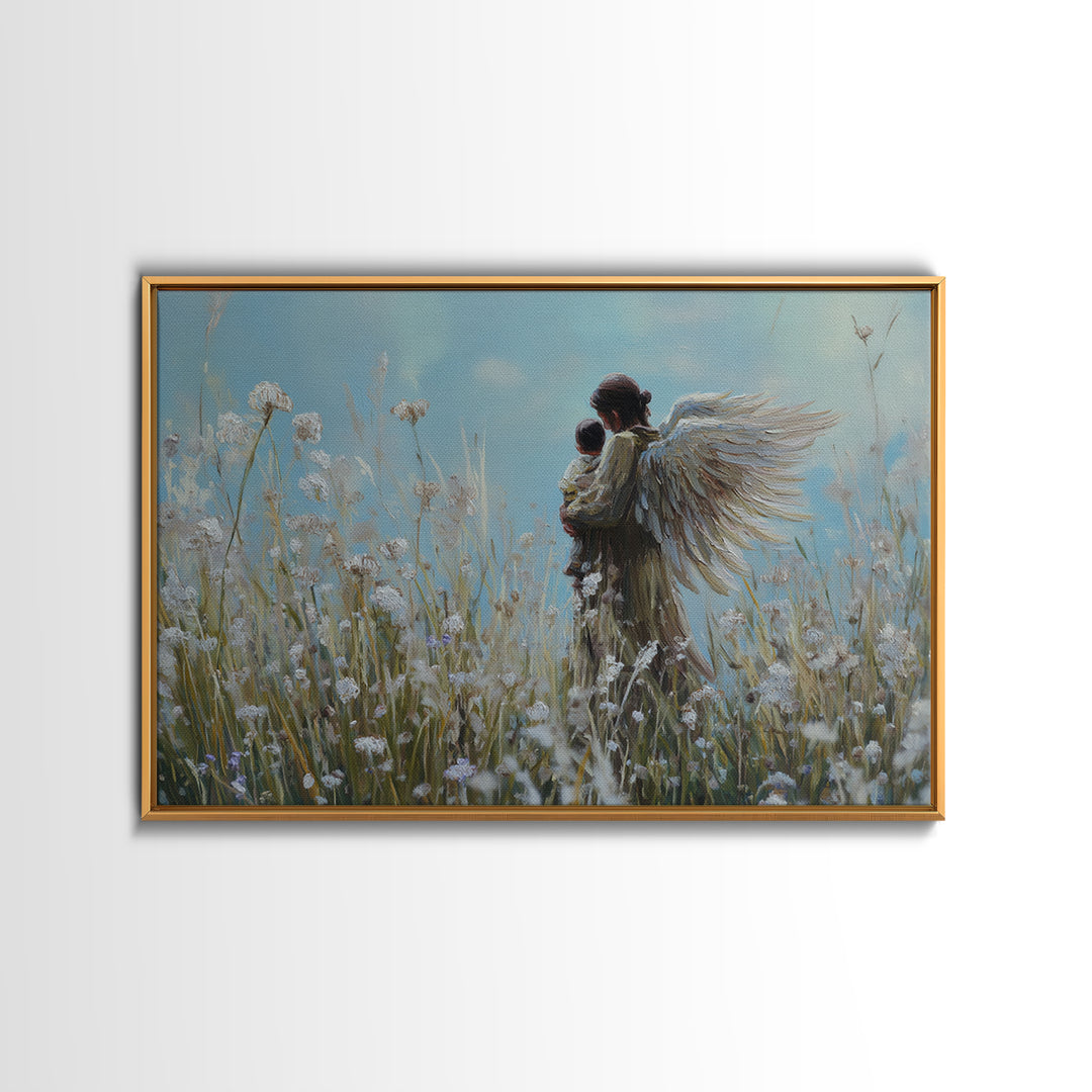 Guardian Angel Carrying Baby Through Dandelions Canvas Print, Spiritual Wall Art, Christian Nursery Decor, Gift For Mom, Home Decor
