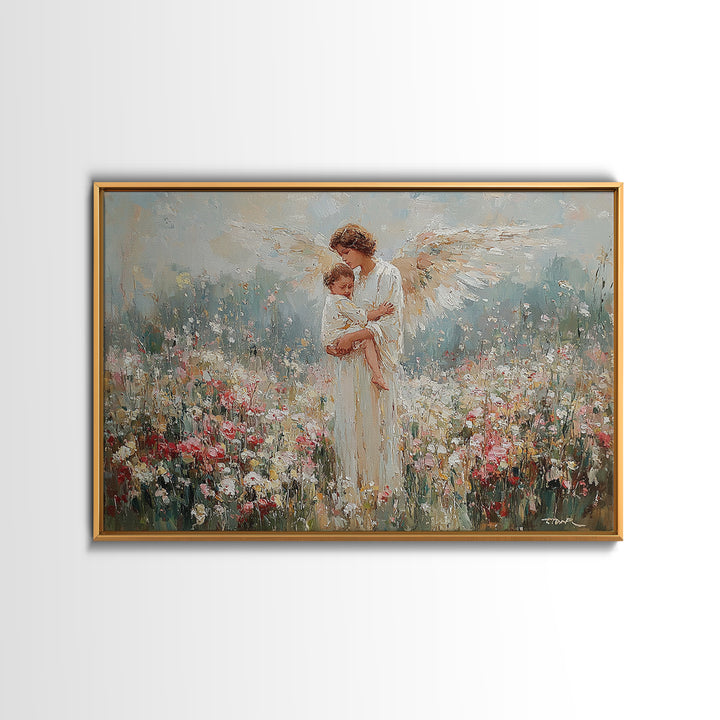 Angel Mother Holding Child In Wildflower Meadow Wall Art, Spiritual Nursery Decor, Floral Fine Art Print, Gift For Mom, Home Decor