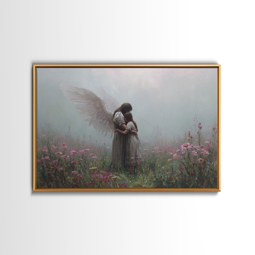 Guardian Angel Hugging Child In Misty Wildflowers Wall Art, Spiritual Nursery Decor, Moody Floral Fine Art Print For Mom