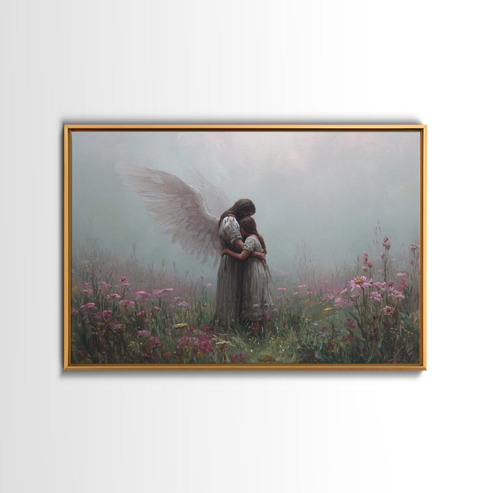 Guardian Angel Hugging Child In Misty Wildflowers Wall Art, Spiritual Nursery Decor, Moody Floral Fine Art Print For Mom