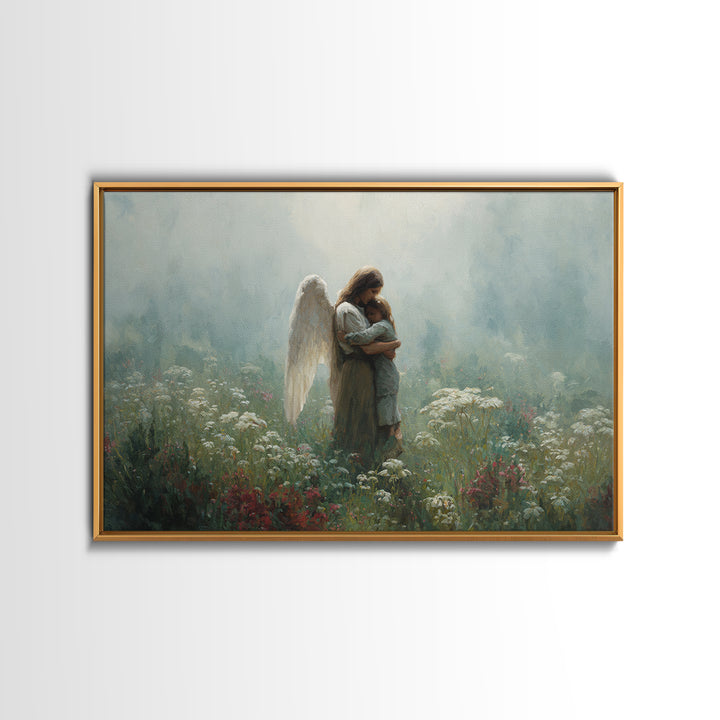 Angel Mother Cradling Child In Soft Meadow Canvas Print, Spiritual Wall Art, Calming Floral Nursery Decor, Gift For Mom, Home Decor