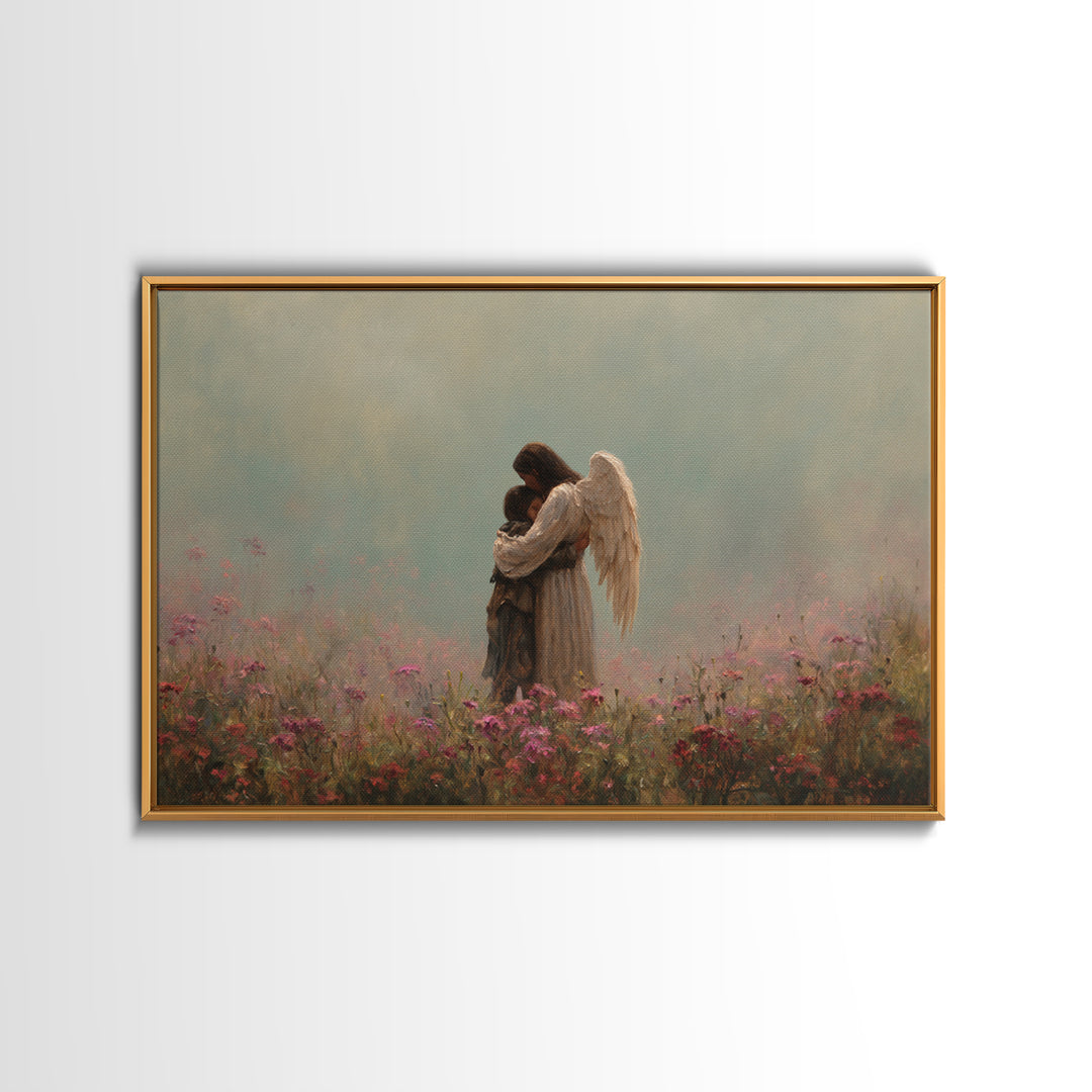 Winged Mother And Child Embracing In Pink Meadow Wall Art, Spiritual Nursery Decor, Moody Floral Painting, Gift For Her, Home Decor