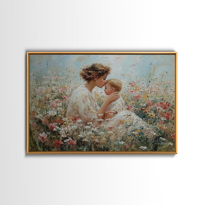 Tender Mother Kissing Baby Among White Daisies Framed Canvas Print, Floral Nursery Wall Art, Spiritual Gift For Mom, Home Decor
