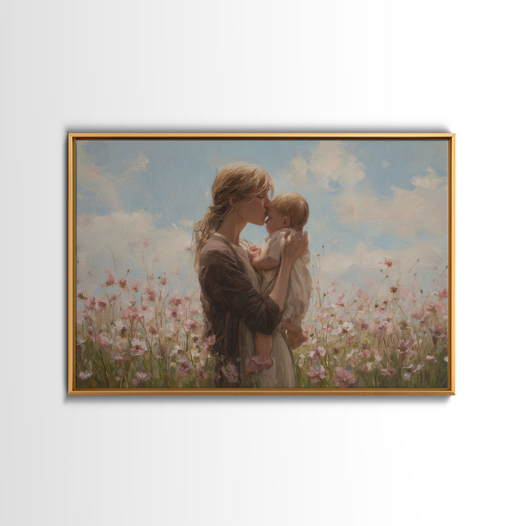 Blonde Mother Kissing Baby In Pink Flower Field Framed Canvas Print, Soft Nursery Wall Art, Mothers Day Gift, Home Decor