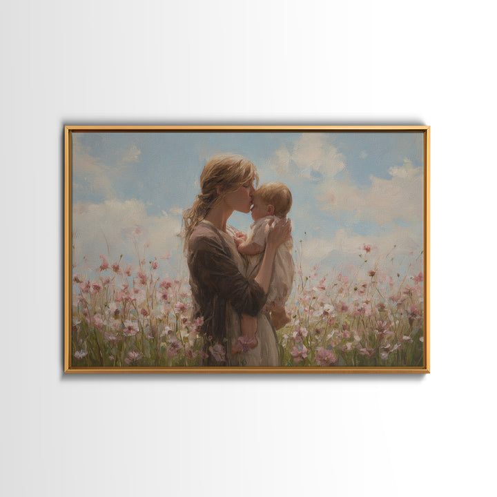 Blonde Mother Kissing Baby In Pink Flower Field Framed Canvas Print, Soft Nursery Wall Art, Mothers Day Gift, Home Decor