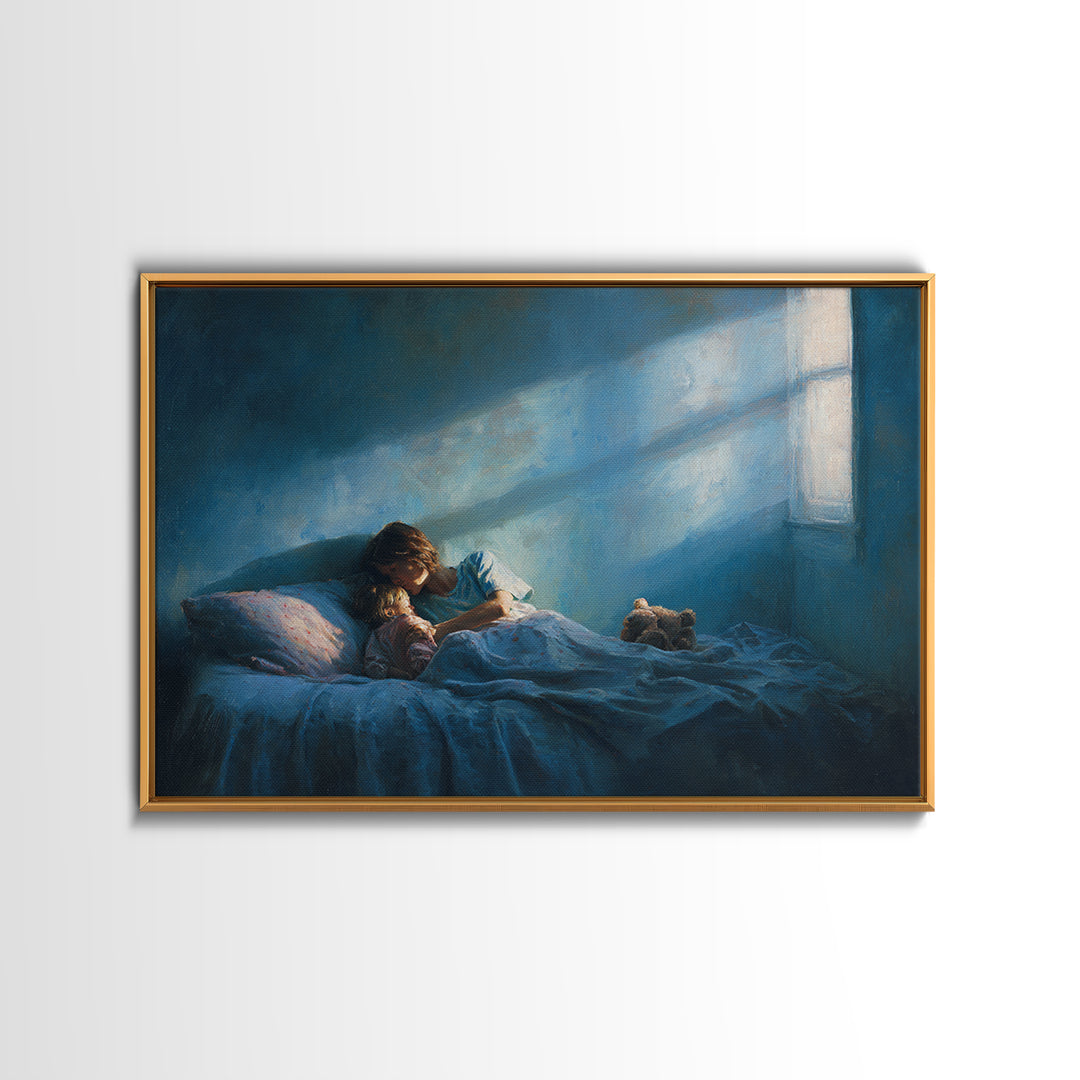 Moonlit Child Reading In Blue Bedroom Wall Art, Impressionist Oil Painting Print, Nursery Decor, Cozy Bedroom Art, Gift For Mom