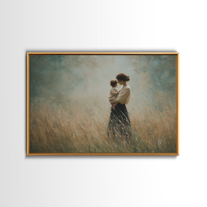Mother And Child In Golden Grass Framed Canvas Print, Moody Impressionist Painting, Neutral Wall Art, Farmhouse Decor, Housewarming Gift