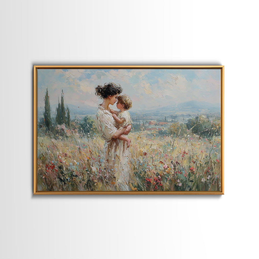 Mother And Child In Wildflower Hills Wall Art, Impressionist Oil Painting Print, Floral Wall Decor, Living Room Art, Gift For Mom