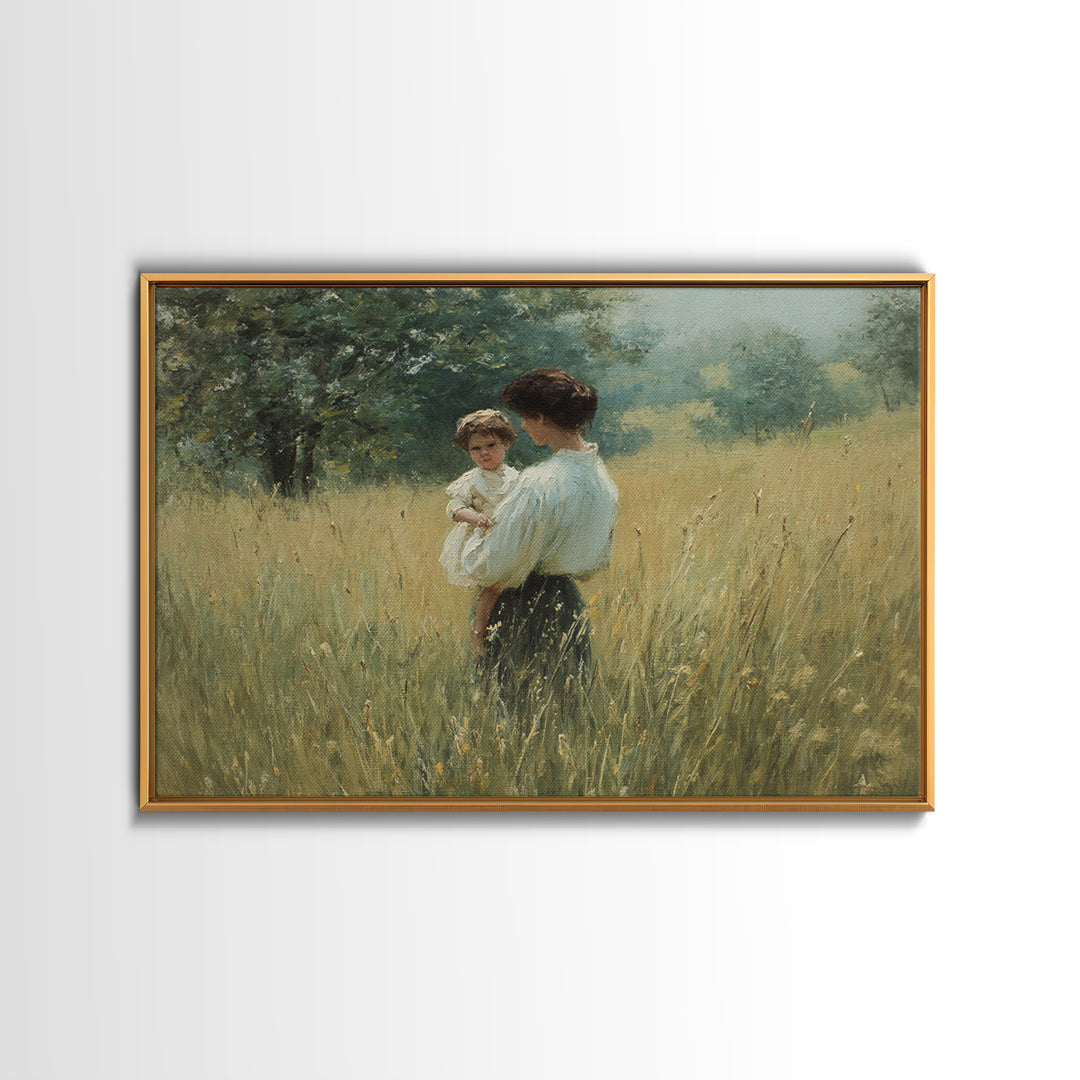 Mother Holding Child In Summer Field Framed Canvas Print, Impressionist Oil Painting, Rustic Wall Art, Farmhouse Home Decor