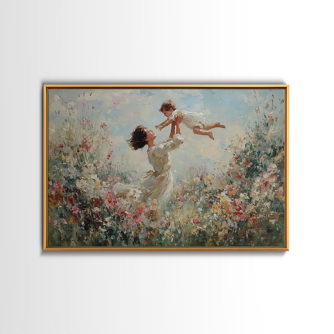 Mother Lifting Baby In Blooming Garden Wall Art, Joyful Impressionist Oil Painting Print, Floral Nursery Decor, Gift For Mom