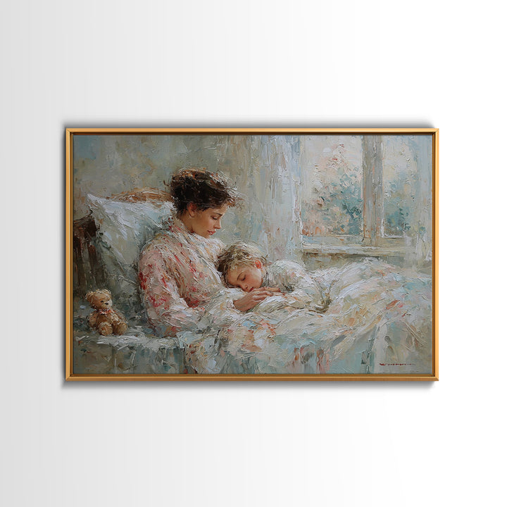 Mother And Child Bedtime Cuddle By Window Framed Canvas Print, Cozy Bedroom Wall Art, Nursery Wall Art, Gift For Mom, Home Decor