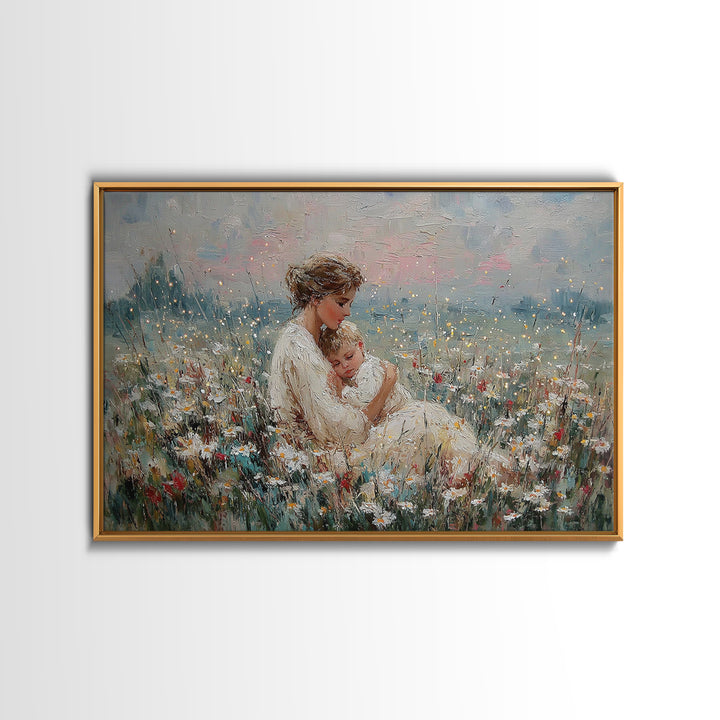Impressionist Mother And Baby Wildflower Framed Canvas Print, Floral Wall Art, Fine Art Print, Mothers Day Gift, Home Decor