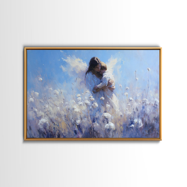 Blue Guardian Angel Mother And Child In Cotton Field Wall Art, Christian Nursery Decor, Motherhood Gift, Fine Art Print, Home Decor
