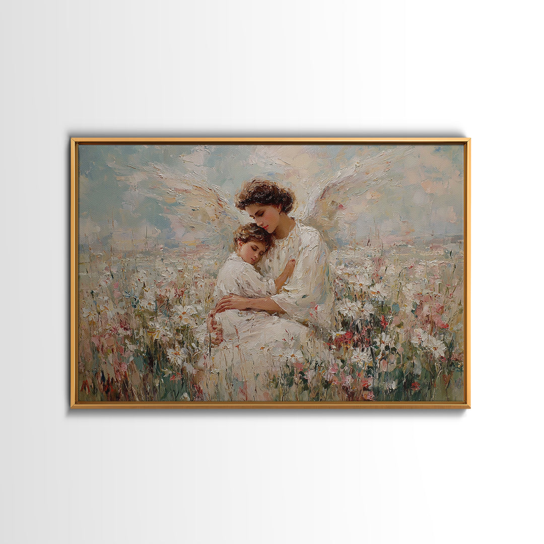Pastel Guardian Angel Holding Child In Blooming Meadow Wall Art, Christian Nursery Decor, Motherhood Gift, Framed Art Print