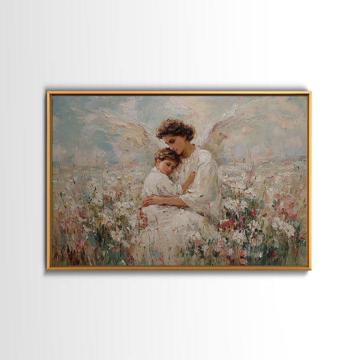 Pastel Guardian Angel Holding Child In Blooming Meadow Wall Art, Christian Nursery Decor, Motherhood Gift, Framed Art Print