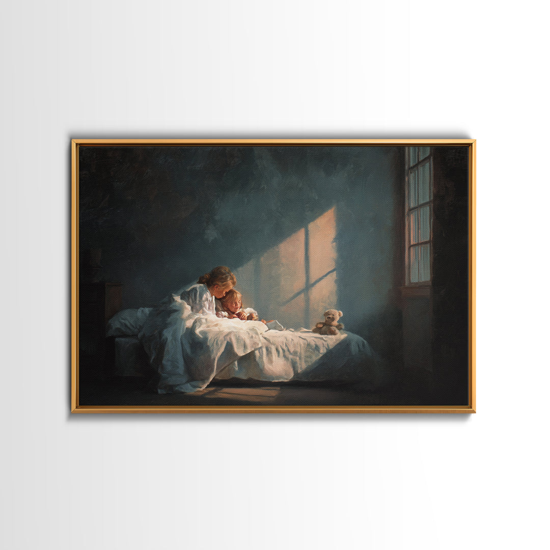 Bedtime Mother And Child In Moonlit Bedroom Framed Canvas Print, Nursery Wall Art, Cozy Home Decor, Mothers Day Gift, Bedroom Decor
