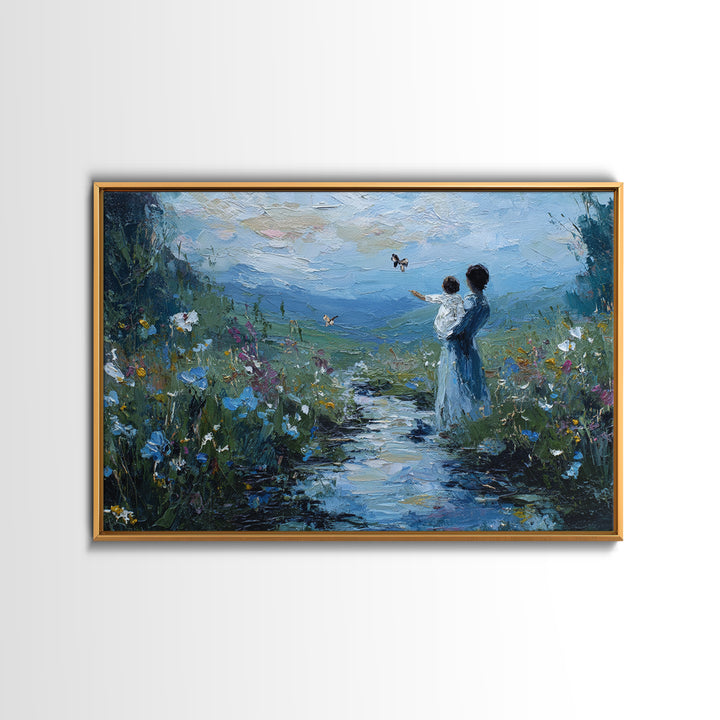 Mother And Child Watching Butterflies By Mountain Stream Canvas Print, Nature Wall Art, Christian Nursery Decor, Housewarming Gift