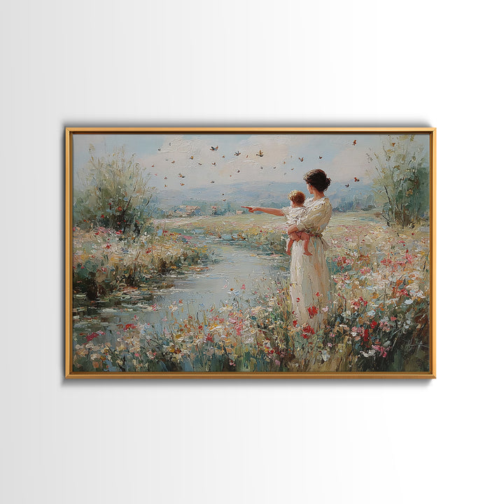 Mother And Baby Beside River Pointing At Butterflies Wall Art, Landscape Painting, Christian Nursery Decor, Gift For Mom
