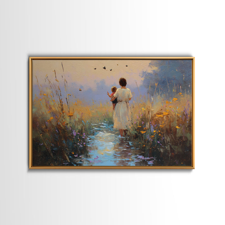 Mother And Child On Twilight Marsh Path Framed Canvas Print, Sunset Landscape Wall Art, Nursery Decor, Mothers Day Gift, Home Decor