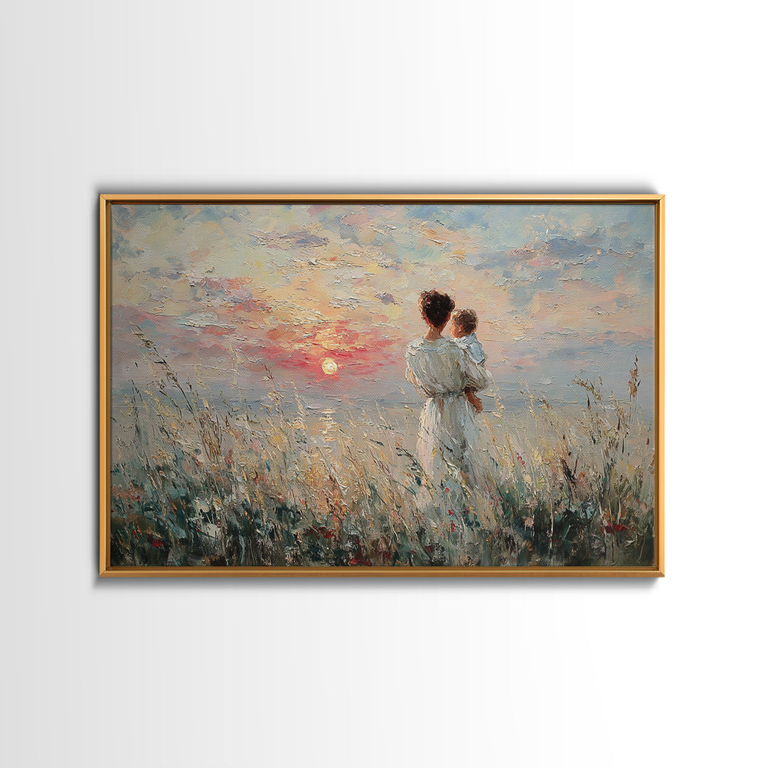 Mother And Baby Watching Ocean Sunset Canvas Print, Coastal Wall Art, Seascape Painting, Nursery Decor, Gift For Her, Bedroom Decor